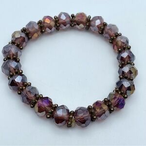 Purple Faceted Glass Bead Stretch Bracelet with Bronze Spacer Accents